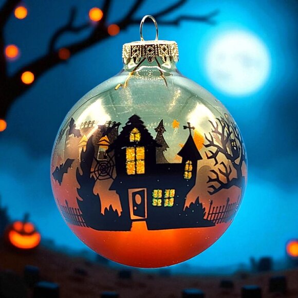 Halloween Haunted House Orange Glass Ball Ornament with Bats & Pumpkins - Picture 1 of 8